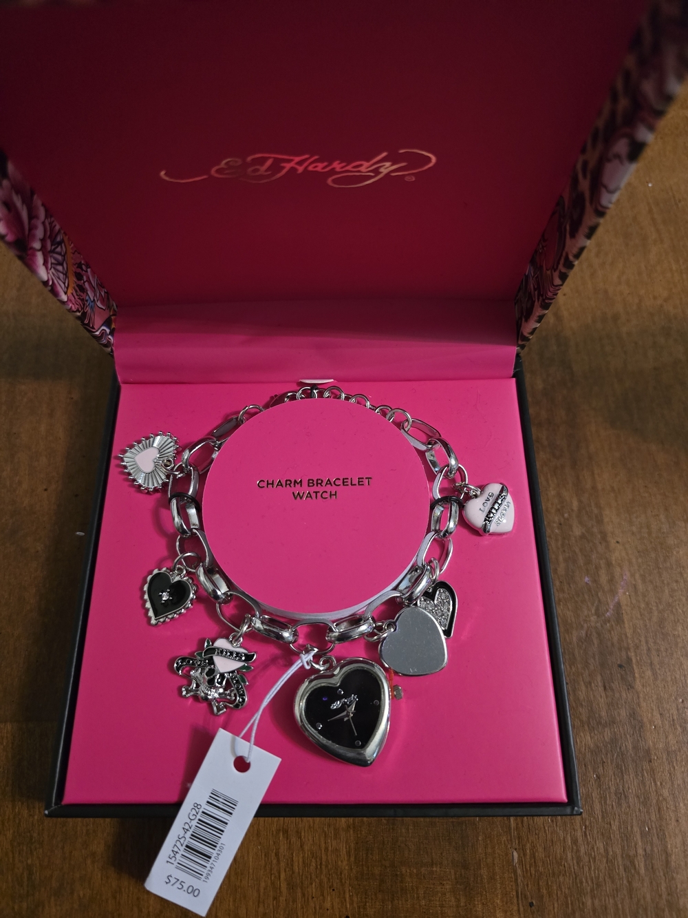 Ed Hardy Silver-Tone Heart Charm Bracelet Watch -